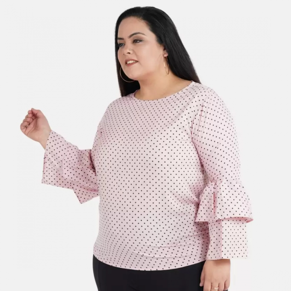 Women's Casual Flute Sleeve Printed Pink Top (Color:Pink, Material:Crepe) - Image 5