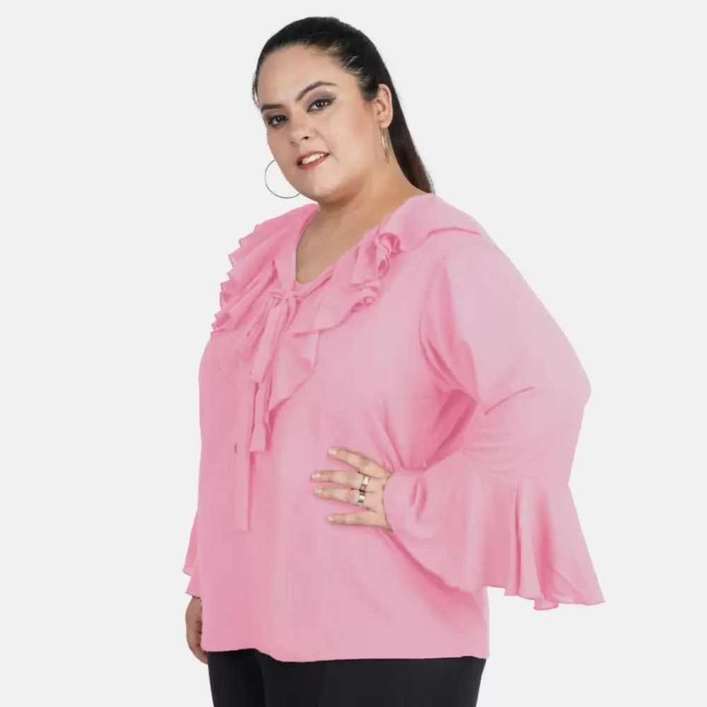 Women's Casual Bell Sleeve Solid Pink Top (Color:Pink, Material:Georgette) - Image 5