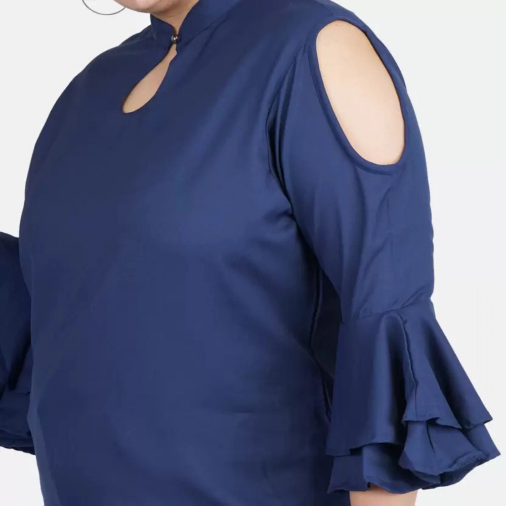 Women's Casual Bell Sleeve Solid Blue Top (Color:Blue, Material:Crepe) - Image 3