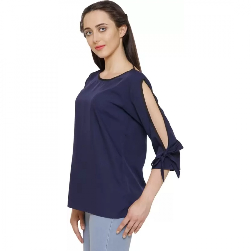 Women's Casual Slit Sleeve Solid Blue Top (Color:Blue, Material:Poly Crepe) - Image 4