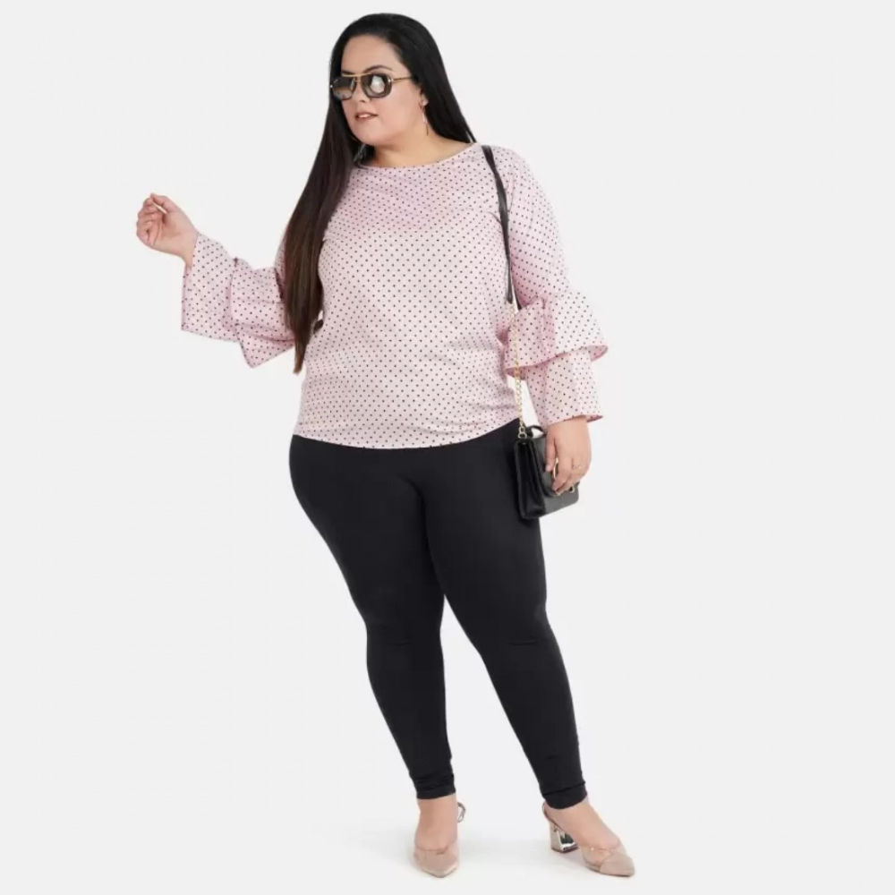 Women's Casual Flute Sleeve Printed Pink Top (Color:Pink, Material:Crepe) - Image 2