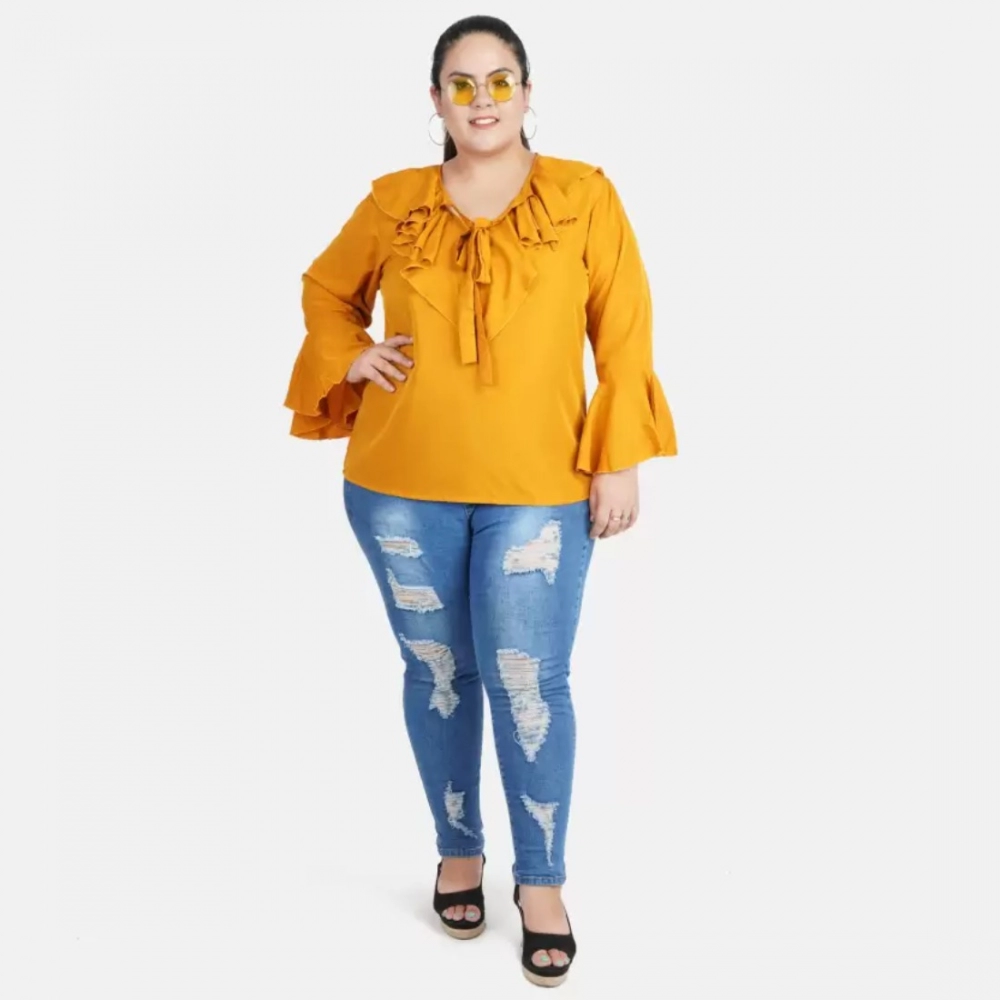 Women's Casual Bell Sleeve Solid Yellow Top (Color:Yellow, Material:Georgette) - Image 2