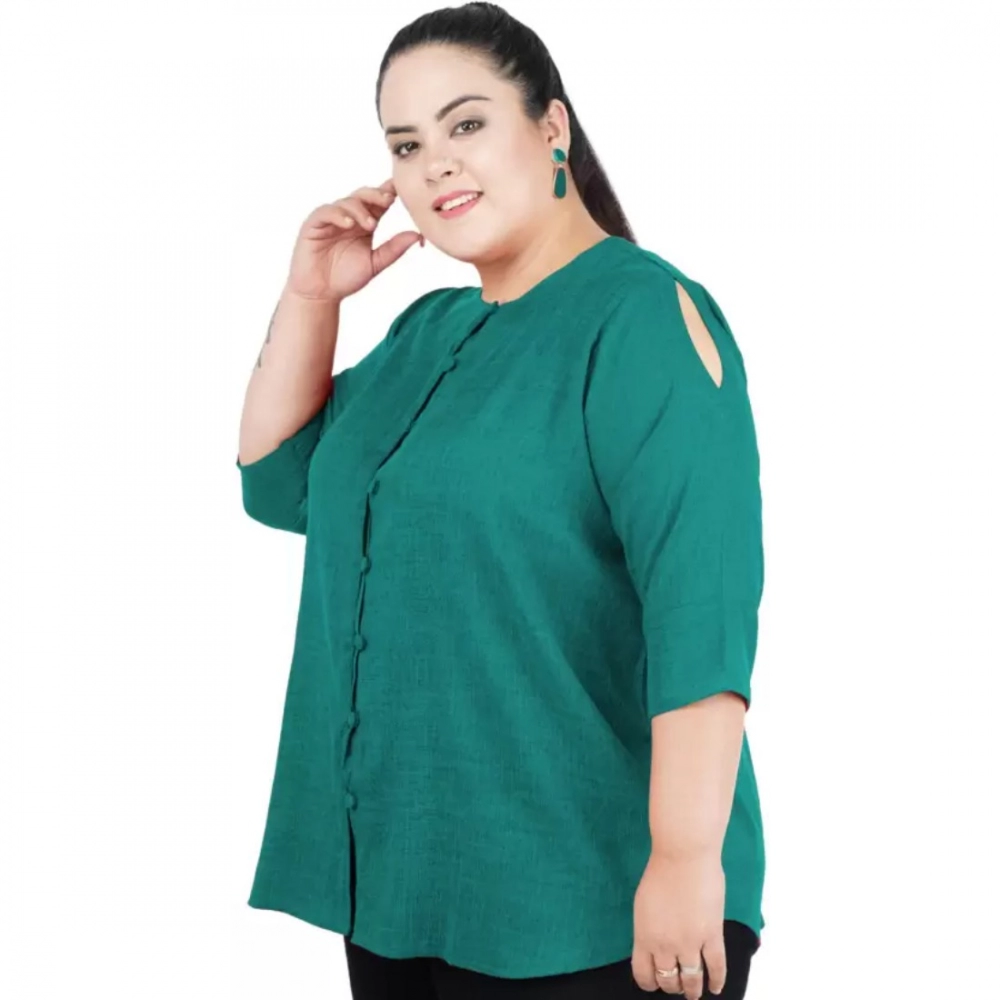 Women's Casual Solid Green Top (Color:Green, Material:Cotton Linen Blend) - Image 4