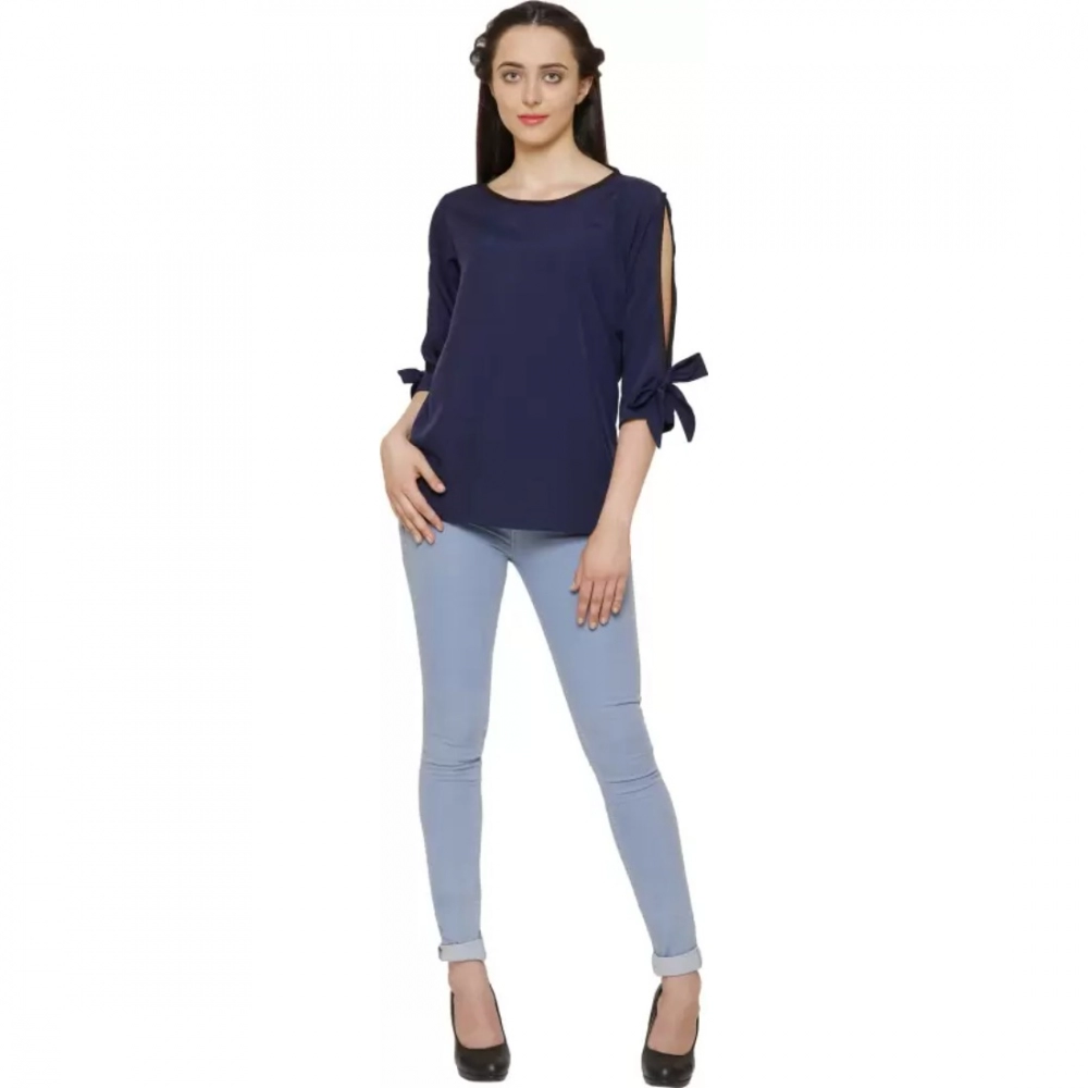 Women's Casual Slit Sleeve Solid Blue Top (Color:Blue, Material:Poly Crepe) - Image 6