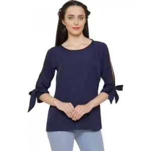 Women's Casual Slit Sleeve Solid Blue Top (Color:Blue, Material:Poly Crepe)