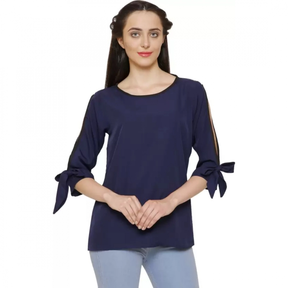 Women's Casual Slit Sleeve Solid Blue Top (Color:Blue, Material:Poly Crepe)