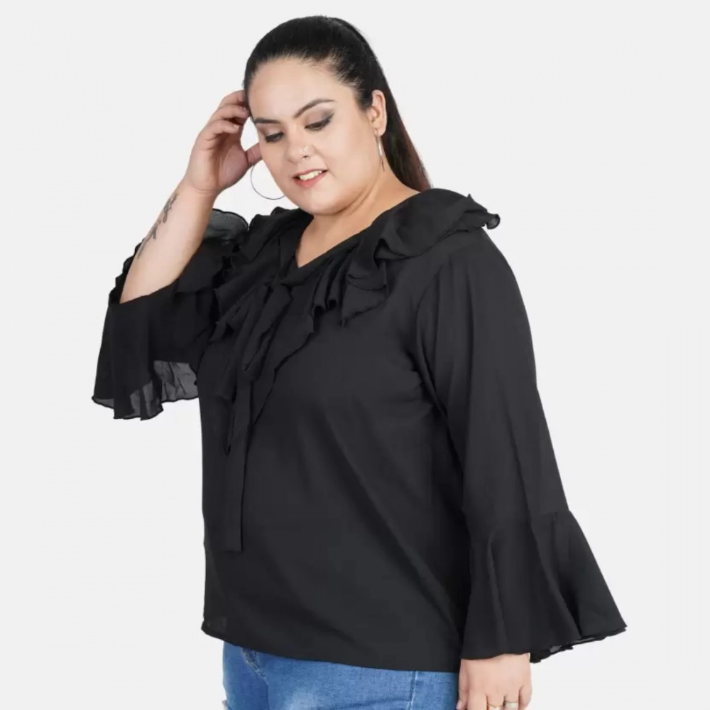 Women's Casual Bell Sleeve Solid Black Top (Color:Black, Material:Georgette) - Image 5