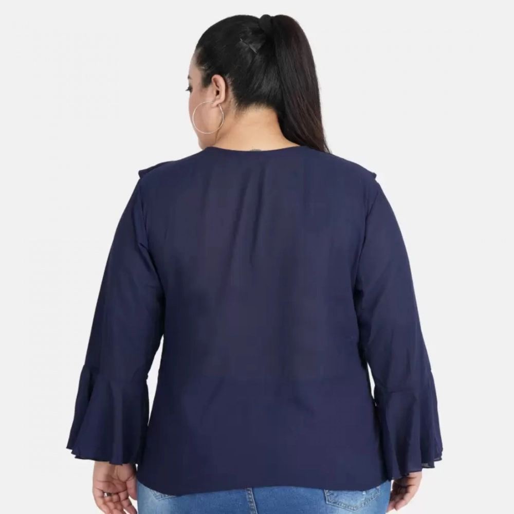 Women's Casual Bell Sleeve Solid Blue Top (Color:Blue, Material:Georgette) - Image 3