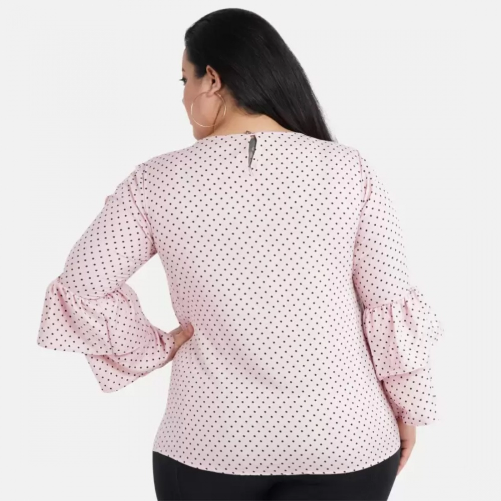 Women's Casual Flute Sleeve Printed Pink Top (Color:Pink, Material:Crepe) - Image 3