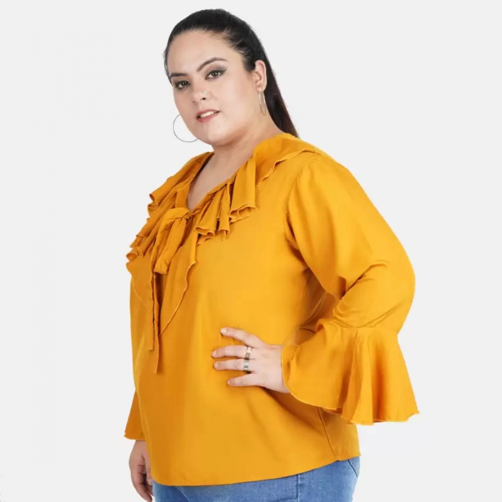 Women's Casual Bell Sleeve Solid Yellow Top (Color:Yellow, Material:Georgette) - Image 5