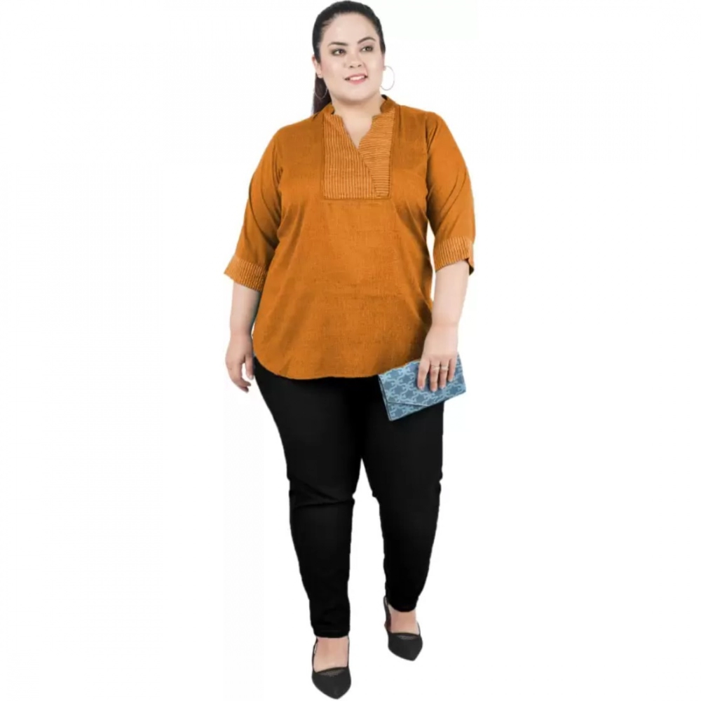 Women's Casual Three Fourth Sleeve Embroidered Yellow Top (Color:Yellow, Material:Cotton Linen Blend) - Image 2