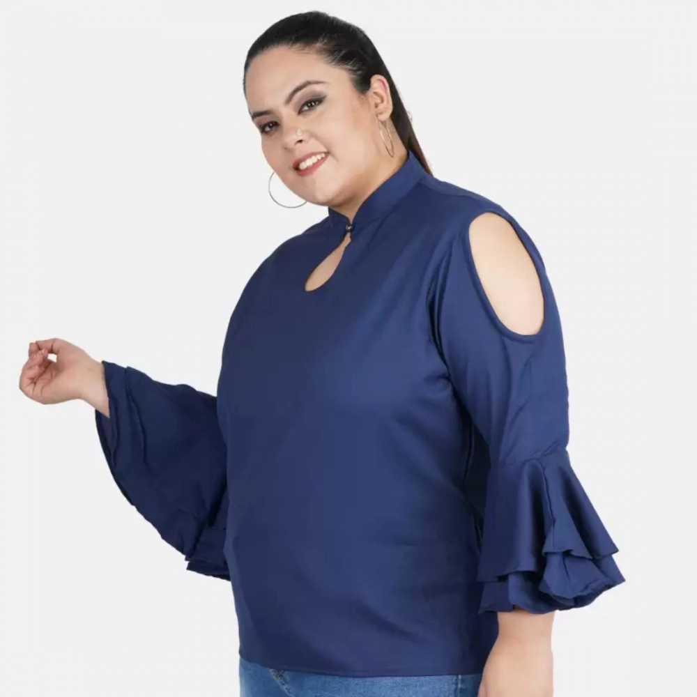 Women's Casual Bell Sleeve Solid Blue Top (Color:Blue, Material:Crepe) - Image 4
