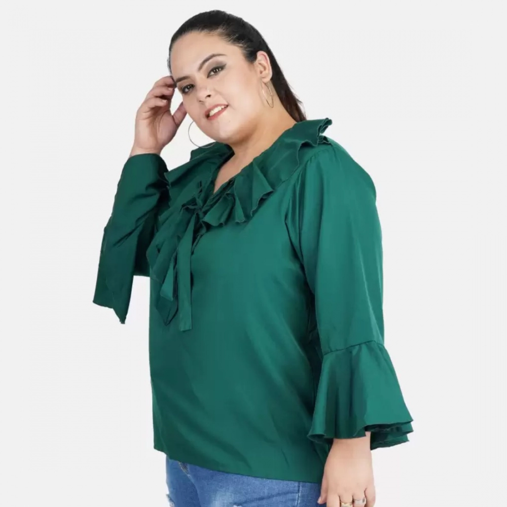 Women's Casual Bell Sleeve Solid Green Top (Color:Green, Material:Georgette) - Image 5