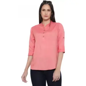 Women's Casual Three Fourth Sleeve Solid Pink Top (Color:Pink, Material:Cotton Linen Blend)