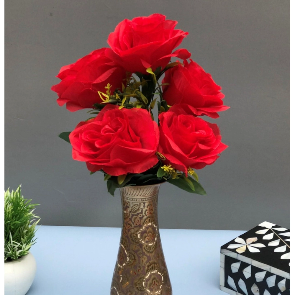 Artificial Flowers Bunch Bouquet Of 5 Roses For Home Decoration (Red, Material:Silk, Polyester) - Image 2