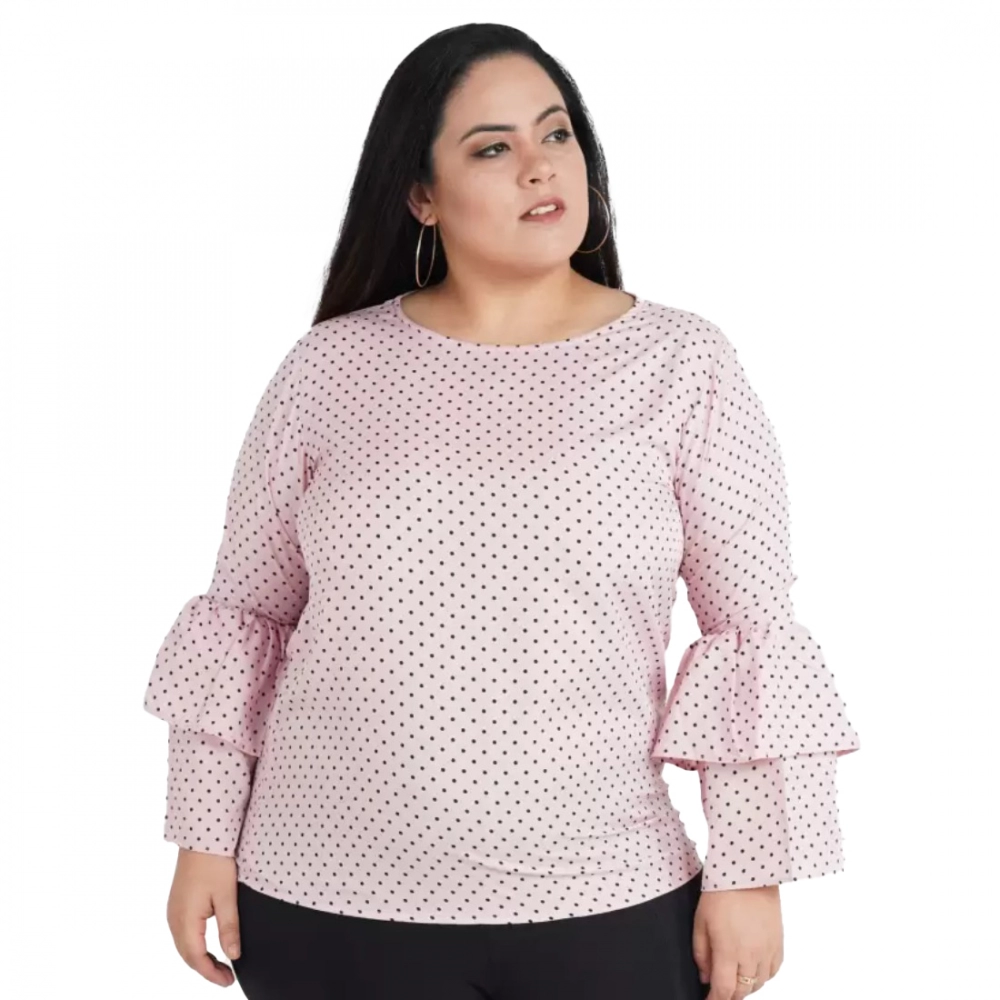Women's Casual Flute Sleeve Printed Pink Top (Color:Pink, Material:Crepe)