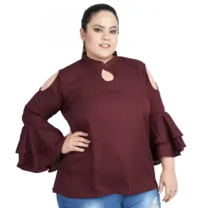 Women's Casual Juliet Sleeve Solid Maroon Top (Color:Maroon, Material:Crepe)