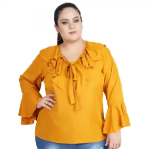 Women's Casual Bell Sleeve Solid Yellow Top (Color:Yellow, Material:Georgette)