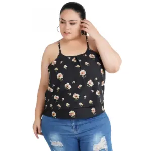 Women's Casual Shoulder Strap Printed, Floral Print Black Top (Color:Black, Material:Poly Crepe)
