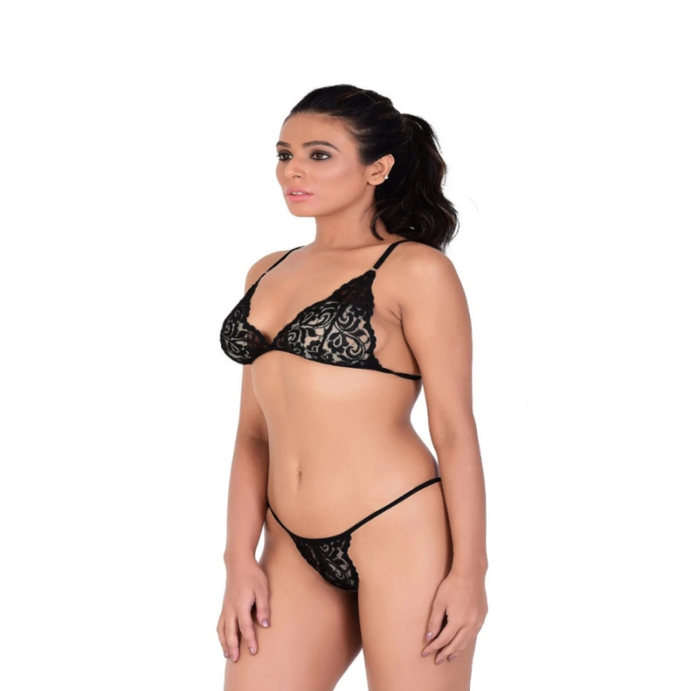Women's Lace Special Moment Black Tanga Lingerie Bra Panty Set (Black) - Image 4