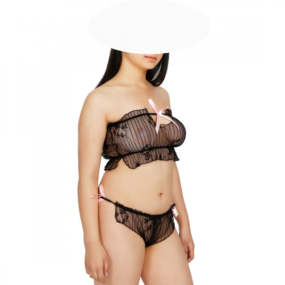 Women's Lace Sheer Lace See Through Lingerie Set (Black) - Image 2