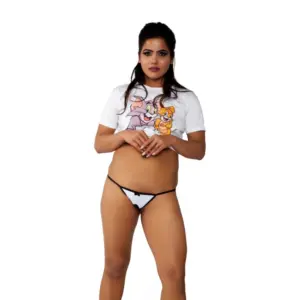 Women's Cotton Melange Tuxedo Crotch Less G String Panty (White And Black)