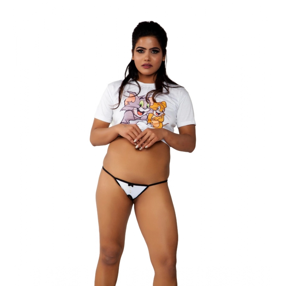 Women's Cotton Melange Tuxedo Crotch Less G String Panty (White And Black)