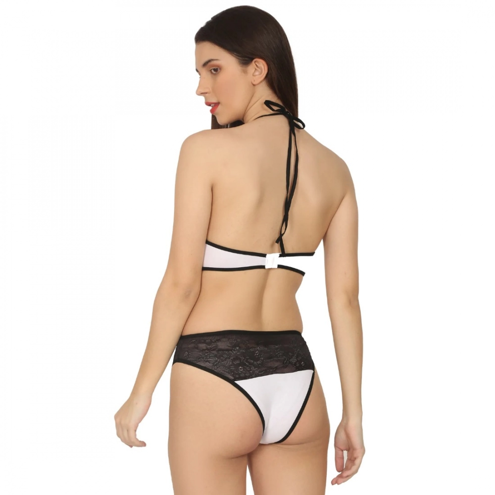 Women's Cotton Lace Halter Neck Lingerie Black Lace And White Color (White And Black) - Image 2