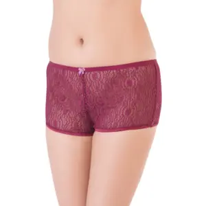 Women's Nylon Mid Waist Rise Wine Lace Sheer Boyshort Panty (Wine)