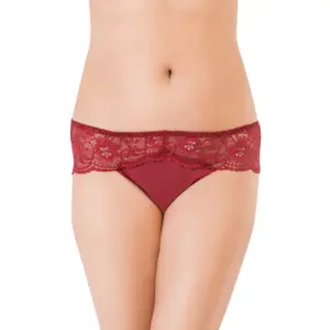 Women's Nylon Mid Waist Frilled Floral Sheer Lace Hipster (Wine Red)