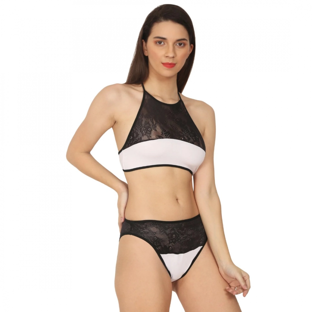 Women's Cotton Lace Halter Neck Lingerie Black Lace And White Color (White And Black) - Image 4