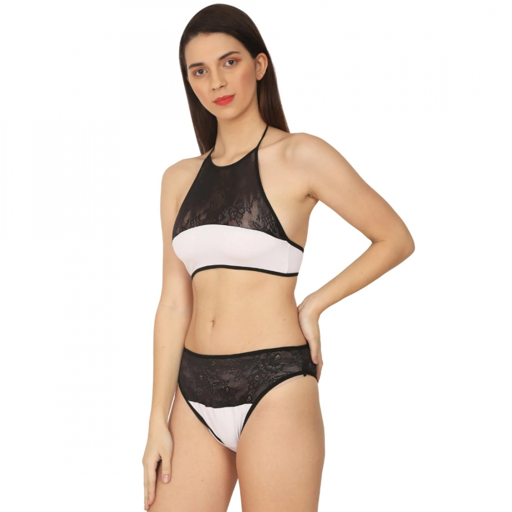 Women's Cotton Lace Halter Neck Lingerie Black Lace And White Color (White And Black) - Image 6