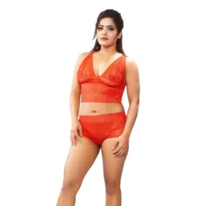 Women's Lace Bra And Panty Set Self Design Lingerie Set (Red)