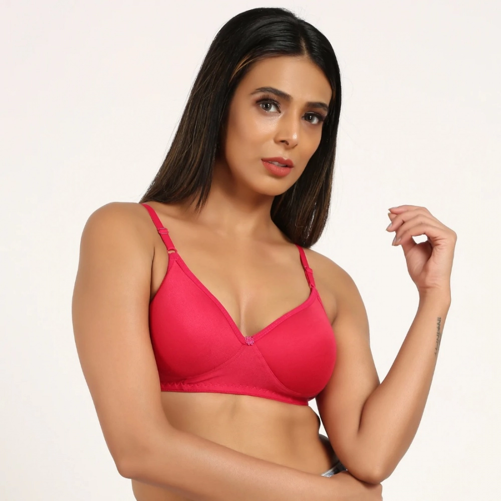Women's Cotton Blend Everyday T Shirt Lightly Padded Three Fourth Coverage Bra (Pink) - Image 5