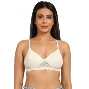 Women's Cotton Blend Lightly Padded T Shirt Bra With Lace (Grey)