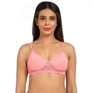 Women's Cotton Blend Lightly Padded T Shirt Bra With Lace (Pink)