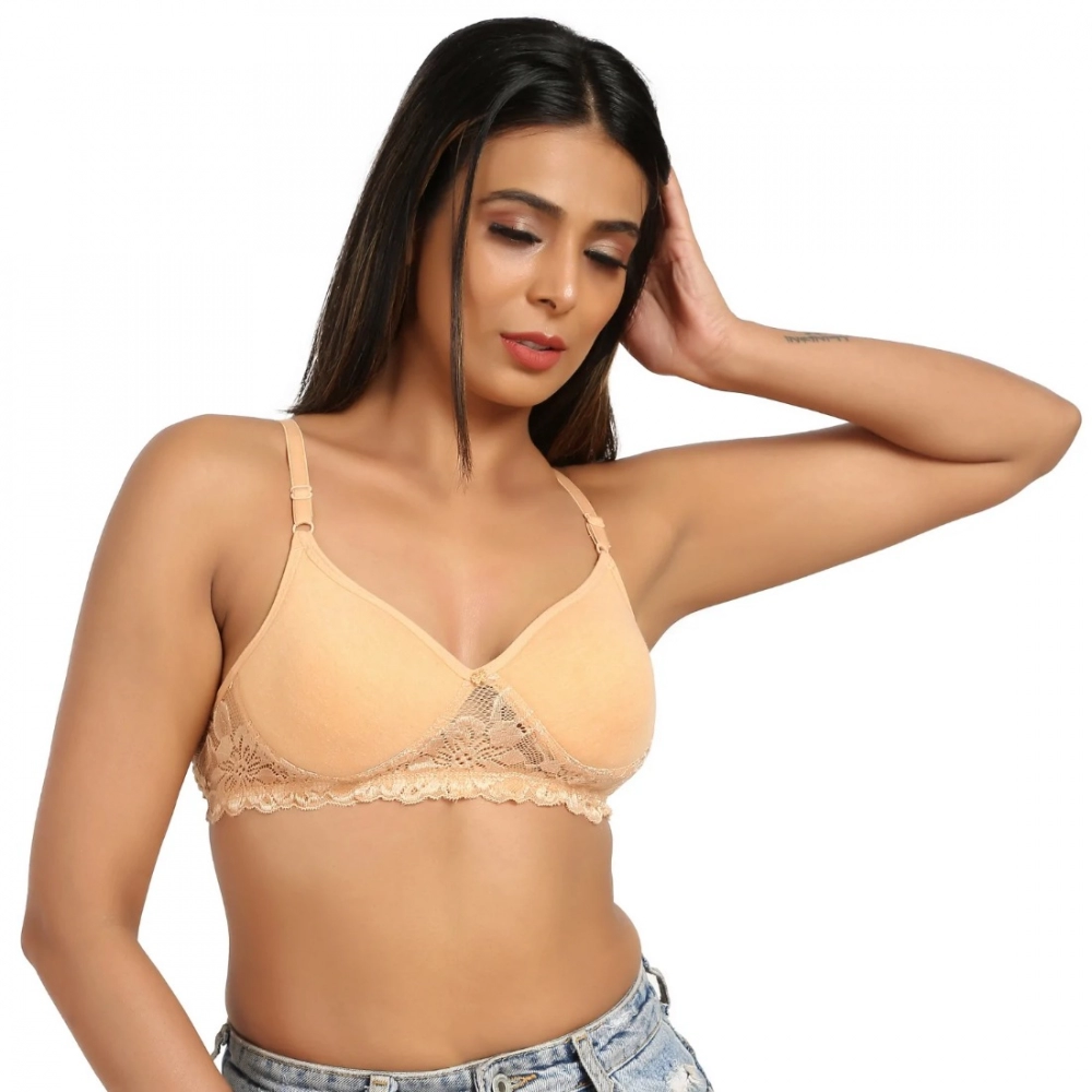 Women's Cotton Blend Lightly Padded T Shirt Bra With Lace (Sandalwood) - Image 4