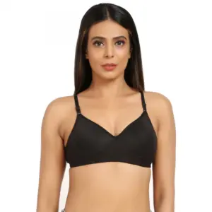 Women's Cotton Blend Everyday T Shirt Lightly Padded Three Fourth Coverage Bra (Black)