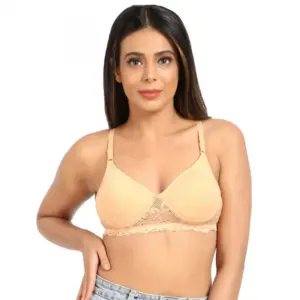 Women's Cotton Blend Lightly Padded T Shirt Bra With Lace (Sandalwood)