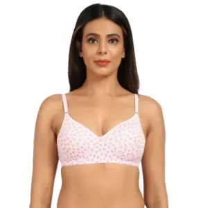 Women's Cotton Blend Lightly Padded Soft Printeded T Shirt Bra (Pink)