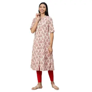 Women's Khadi PrintedA Line Kurti (Cream, Khadi)