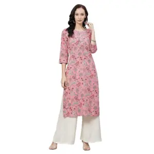 Women's Cotton Printed Straight Kurti (Pink, Cotton)