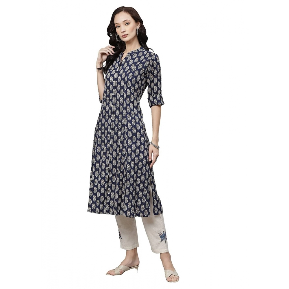 Women's Rayon Printed A Line Kurti (Blue, Rayon) - Image 5
