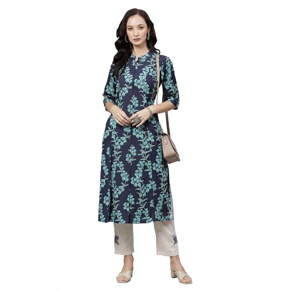 Women's Cotton Printed A Line Kurti (Blue, Cotton) - Image 2