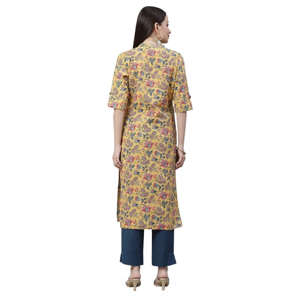 Women's Cotton Printed Straight Kurti (Yellow, Cotton) - Image 3