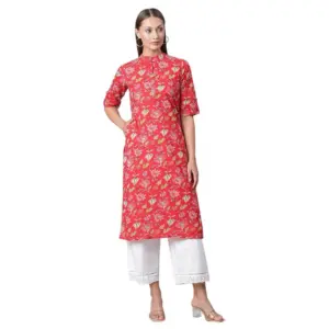 Women's Cotton Printed Straight Kurti (Red, Cotton)
