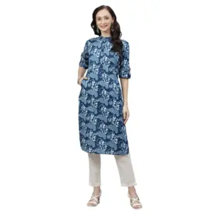 Women's Cotton Printed Straight Kurti (Blue, Cotton)