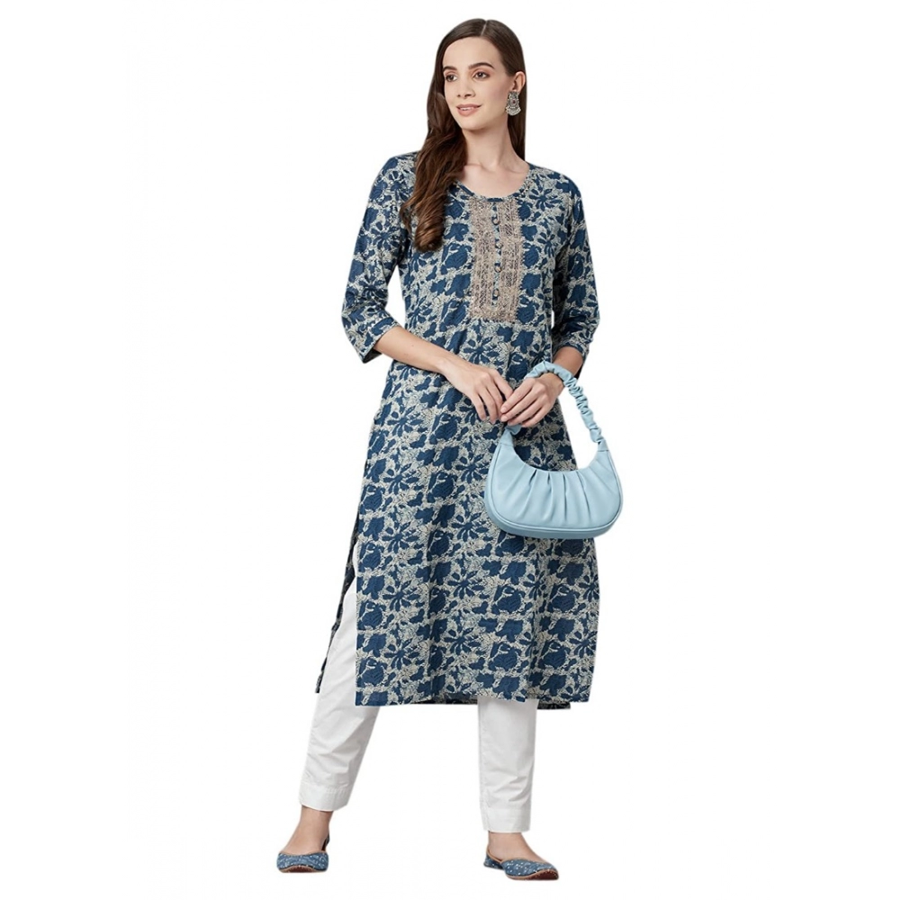 Women's Cotton Printed Straight Kurti (Blue, Cotton) - Image 2