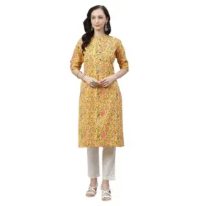 Women's Cotton Printed Straight Kurti (Yellow, Cotton)