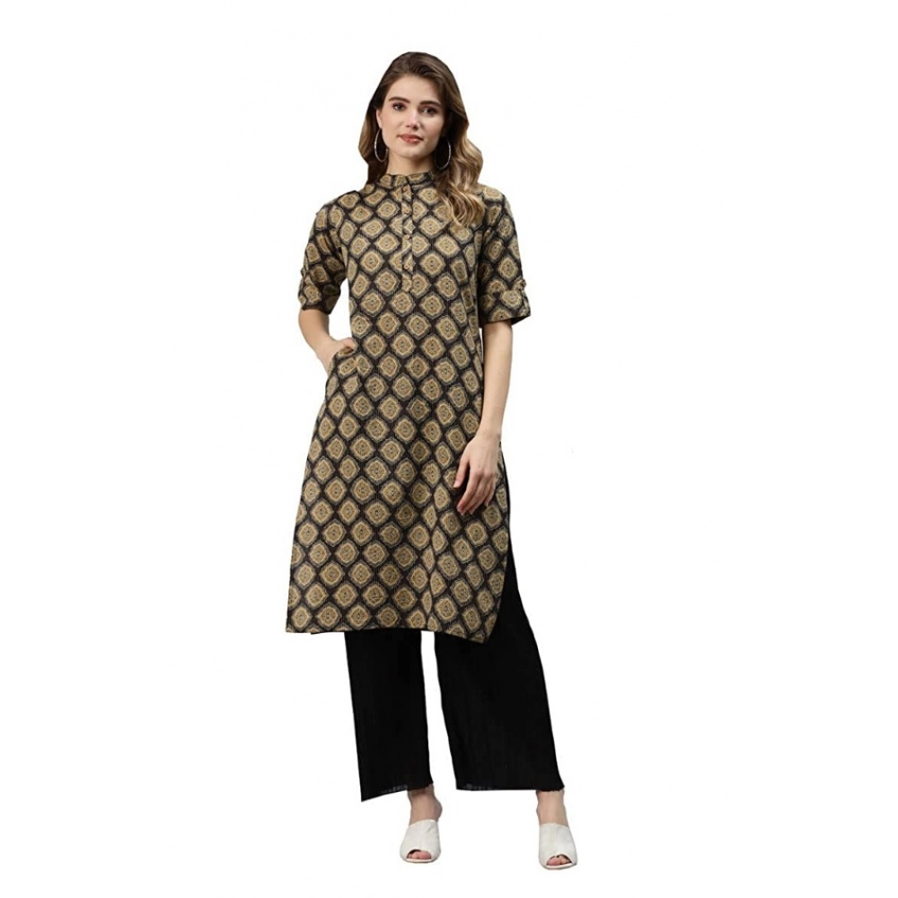 Women's Cotton Printed Straight Fit Kurti (Black, Cotton)